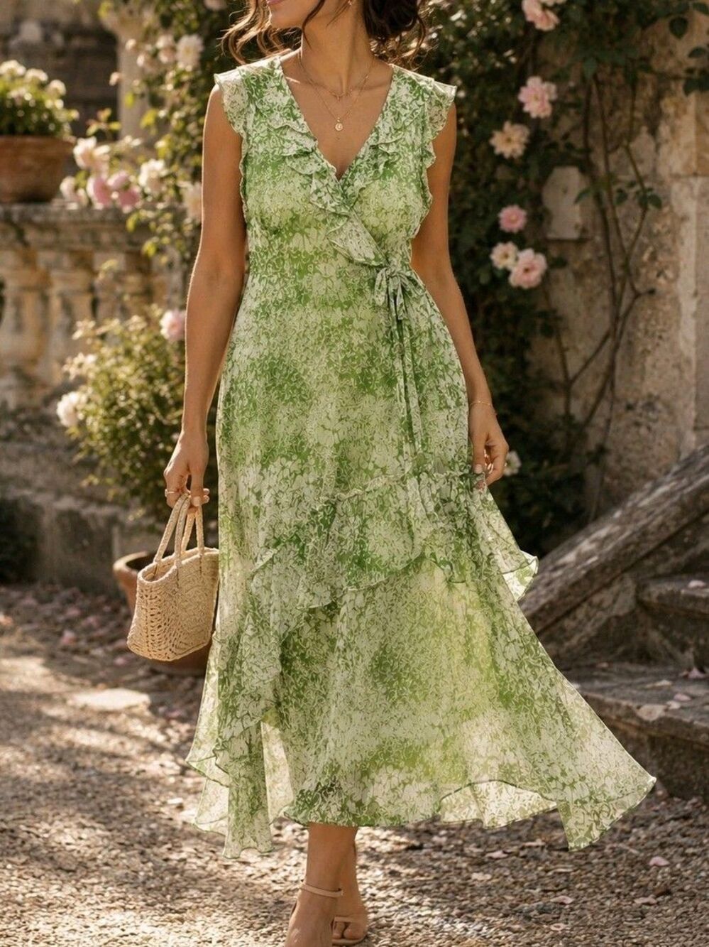 Sundance Womens Silk Wrap Dress Size 8 Green Floral Ruffle Midi Dress